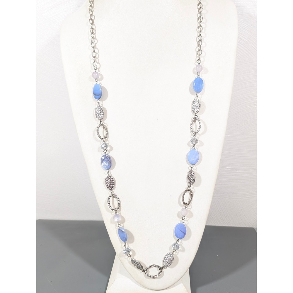 Long Blue Shell‎ Station Necklace 38" Silver Tone Coastal